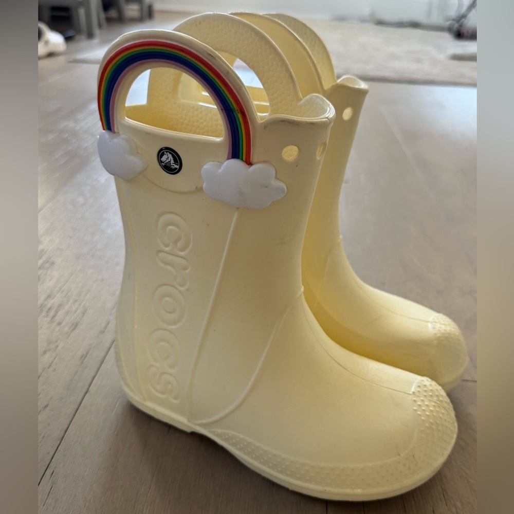 CROCS Kids Cream Rain Boots with Rainbow Handles